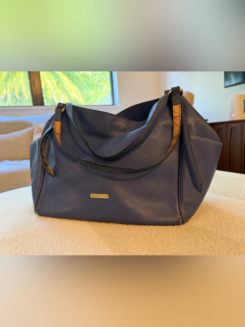 Burberry Navy Blue Leather Shoulder Bag with Tan Accents